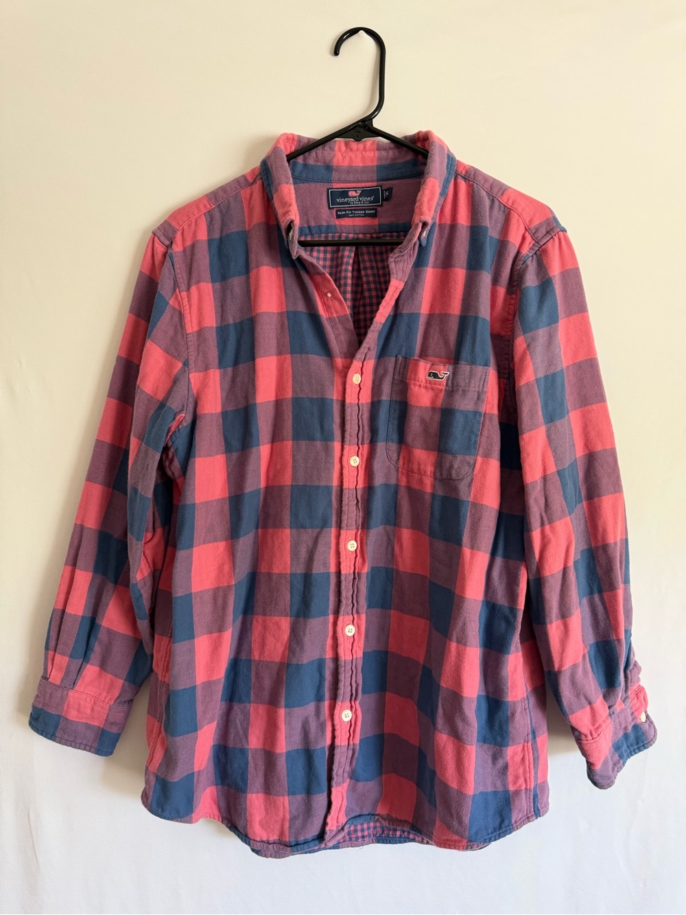 Vineyard Vines Men’s L Tucker Shirt Slim Fit Pink Blue Plaid Button Up Cotton